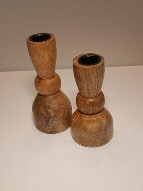 NATURAL WOODEN TAPER CANDLE HOLDERS (2 pcs)